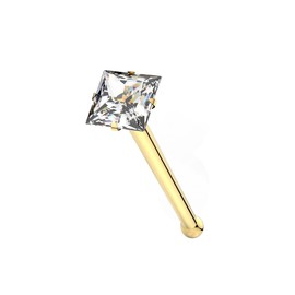 AZARIO LONDON 9K Solid Yellow Gold Claw Set 2MM Square CZ Stone 22 Gauge Nose Bone Nose Stud Piercing