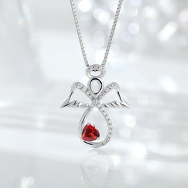 jiamiaoi Guardian Angel Wings Chain 925 Silver with 12 Months Birthstone, Angel Wings Pendant Necklace Infinity Chain Cross Necklace for Women Ladies, Cubic Zirconia