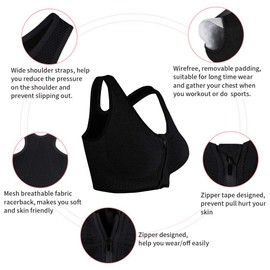 Fapreit Women's Zip Front Closure Sports Bra - Seamless Wirefree Post Surgery Zipper Padded Racerback Workout Gym Yoga Bras