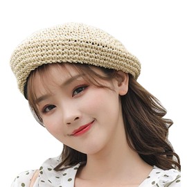Straw Beret Solid Plain Flat Top Woven Berets Fashion French Style Painters Hat Cap, Beige
