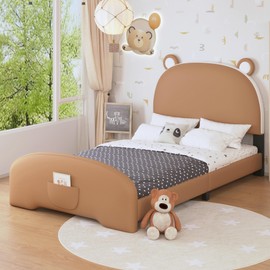 SOFTSEA Twin Size Upholstered Platform Bed with Bear-Shaped Headboard, Wooden Bed Frame with Footboard, No Box Spring Needed, Brown