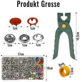 rietegio 250 Press Stud Set with Pliers 9.5 mm Hollow and Solid Metal Buttons Press Studs without Sewing Jersey Press Studs for Children's Clothing Sewing Craft Handmade DIY Clothing Repairs (10