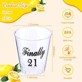 Roshtia 100 Pcs 21st Birthday Shot Glass Finally 21 Plastic Shot Glass Disposable Shot Glasses 2 oz Sample Cups Clear Plastic Shot Cups for Him or Her Celebrate Twenty One 21st Birthday Party Supplies