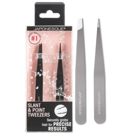 JAPONESQUE Slant and Point Tweezers Set, for Defining and Shaping Brows, Made with Hand-Sharpened Stainless, Ideal for Travel
