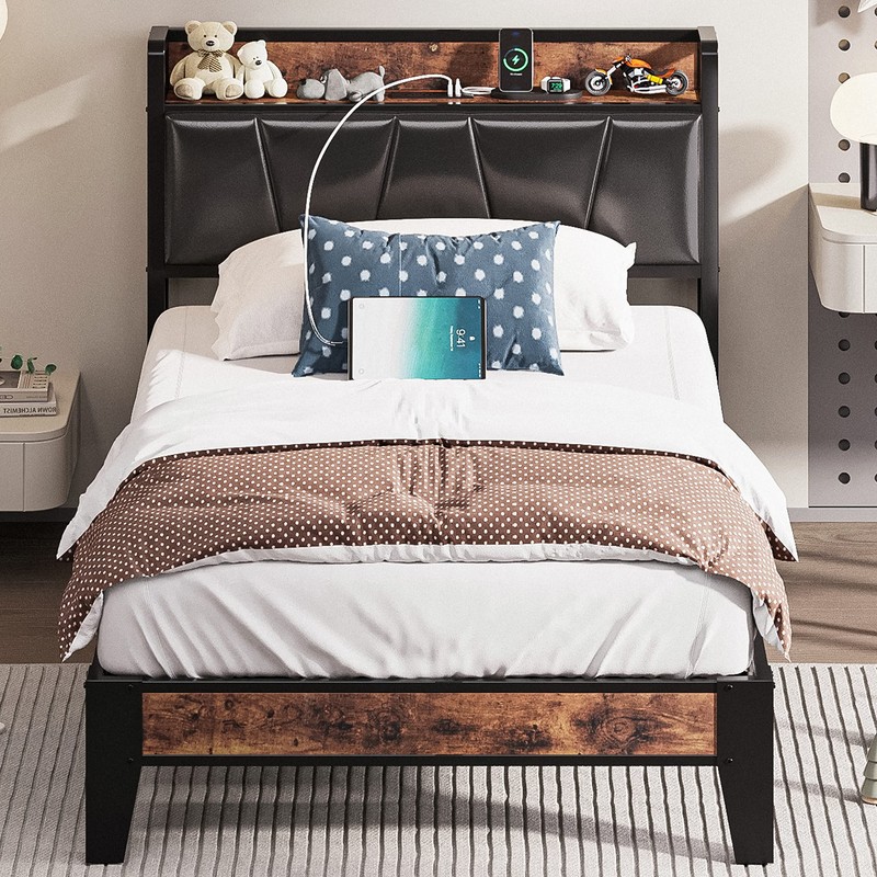 LIKIMIO Twin Bed Frame, Storage Headboard with Charging Station, Solid