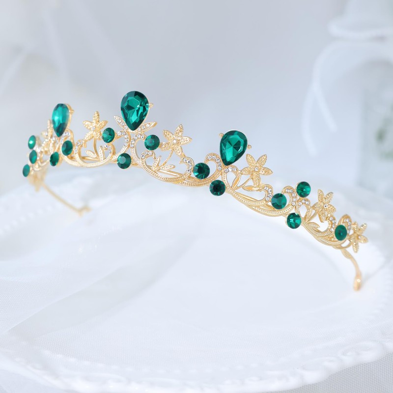 Gold Green Princess Tiara for Women Small Bride Crown for