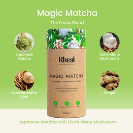 Rheal Magic Matcha (Previously Super U), 60 Servings - Organic Japanese Matcha Green Tea Powder with Lion’s Mane Mushroom, Ashwagandha and Ginger for Improved Focus and Productivity.