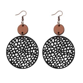 Minimalist Vintage Hollow Out Geometric Matte Metal Round Circle Hoop Drop Dangle Lightweight Wooden Earrings Statement Retro Cute Jewelry for Women-black