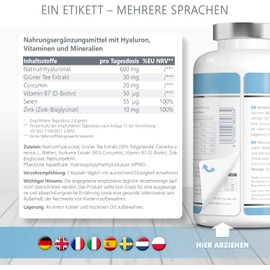 180 Hyaluronic Acid Capsules High Dose with Zinc - 600 mg Hyaluronic Acid with Curcumin and Green Tea Extract - Vegan Hyaluronic Capsules with Biotin, Selenium without Additive