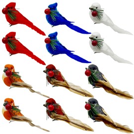 LWINGFLYER 12 PCS Artificial Birds Clip Ornaments Feathered Birds with Red Berries for Christmas Tree Decoration Crafts Jungle Garden Home Decor