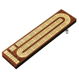 PALM ROYAL HANDICRAFTS 3 Track Wooden Cribbage Board Set Inlaid in Teak Wood and Maple Wood with Metal pegs Storage Available. 3 Player Cribbage Board (12.5 x 3.5 Inches)