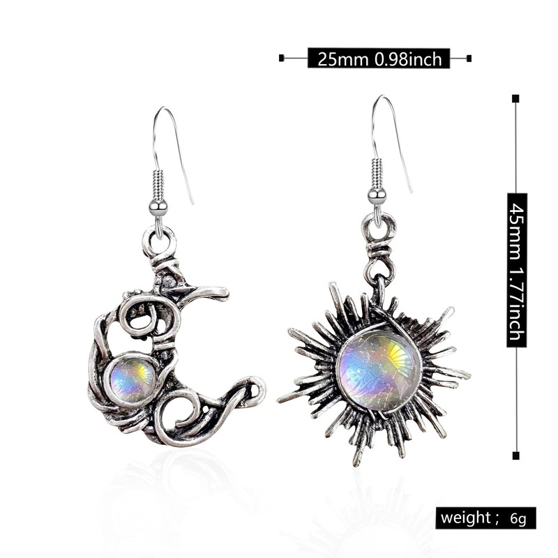 Vintage Boho Opal Sun and Moon Drop Dangle Earrings Moonstone