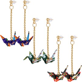 3 Pairs Origami Earrings Good Luck Paper Crane Dangle Origami Tassel Cute Bird Handmade Drop Earrings for Women Wedding Party Accessories(Elegant Style)