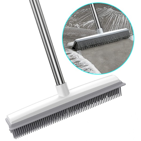 2 in 1 Rubber Broom with Squeegee Edge, Carpet Brush with Adjustable Long Handle Outdoor Soft Push Broom for Pet Cat Dog Hair Removal Carpet Kitchen Garden Yard Window Cleaning
