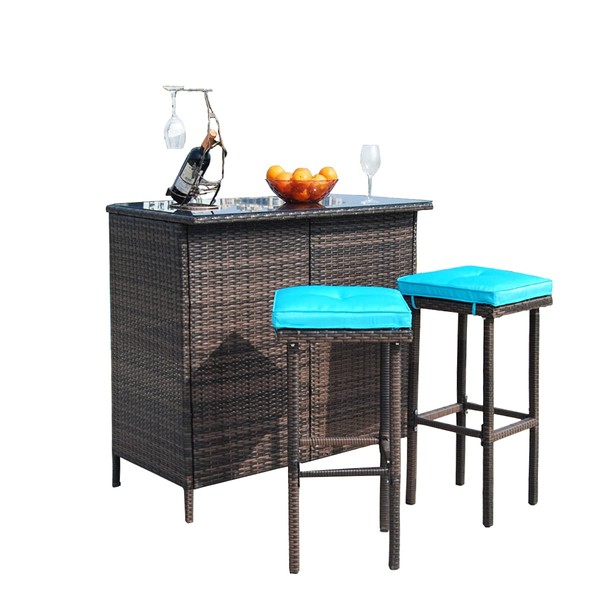 Polar Aurora 3PCS Patio Bar Set with Stools and Glass Top Table Patio Wicker Outdoor Furniture with Blue Removable Cushions for Backyards, Porches, Gardens or Poolside