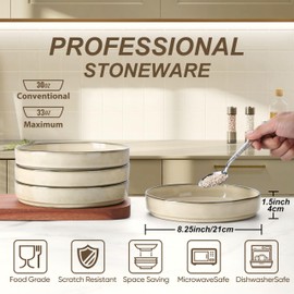 Herogo Large Wide Shallow Pasta Bowls Dishes Set of 4, 34oz Stoneware Ceramic Stackable Serving Bowl Plates for Salad Soup Cereal, Microwave & Dishwasher Safe, Cream Khaki
