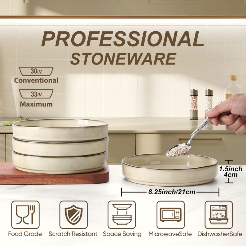 Herogo Large Wide Shallow Pasta Bowls Dishes Set of 4,