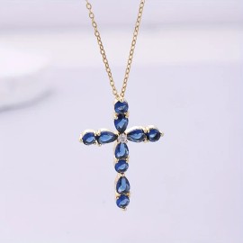 Elegant Stainless Steel Cross Pendant Necklace with Blue Accents - Simple yet Chic Women's Fashion AccessoryColor: Green, Length: 18.3 in