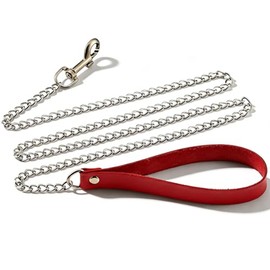 Long Dog Leash 47 inches Metal Chain Pet Leash with Leather Handle for Collars (RED)