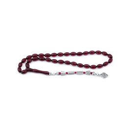 Handcrafted Red Powder Amber Prayer Beads – Barley Cut Misbaha with Tugra Metal Tassel – Islamic Tasbih for Men – 20 Beads – Non-Elastic Thread