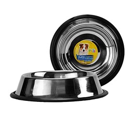 Fancy Pets Plato Ligero de Acero Inoxidable para Perro Tamaño 24 Onzas o 680 Gramos + Juguete en Forma de Hueso de Caucho para Perro, Varios Colores