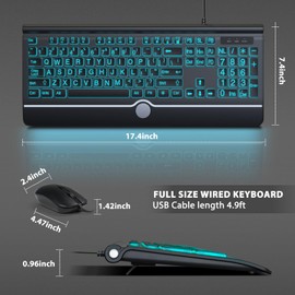 Wired Keyboard and Mouse Combo - Large Print Light Up Keyboard, USB Silent Wired Backlit Keyboard and Optical Mouse for Windows, PC, Laptop - Easy to See, USB Play and Plug
