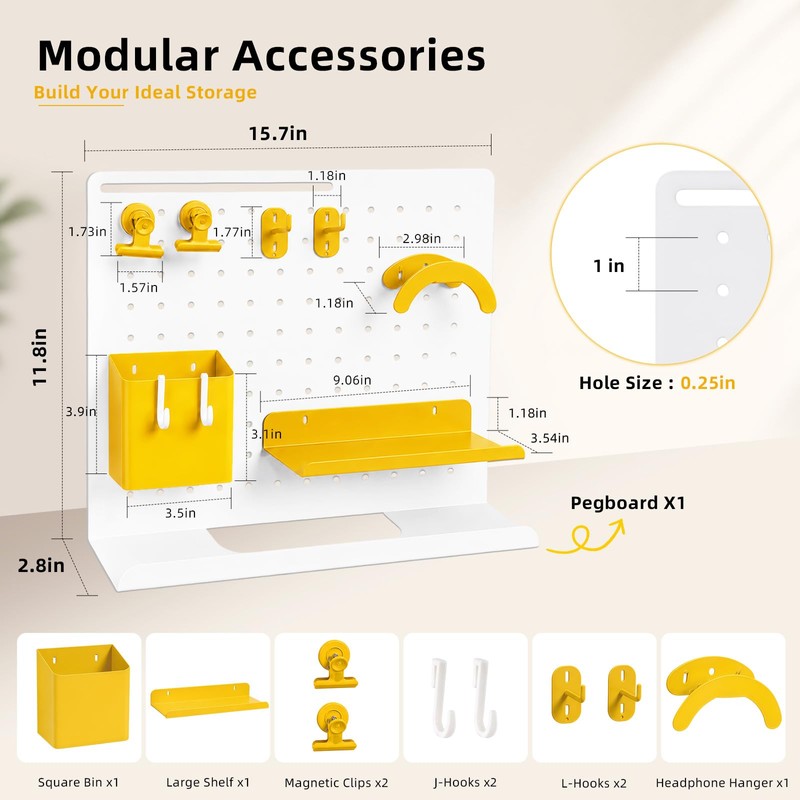 HOHOLEU Metal Desk Pegboard Organizer, No Drill Modular Storage Kit