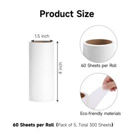 5 Pack 4 Inch Lint Roller Refills, 60 Sheets Per Roll - 300 Total Sheets | Sticky Adhesive Lint & Pet Hair Remover for Clothes, Furniture, Car Seats & Bedding (5, 4 Inch)