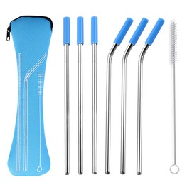 Hoshen 7 Piece 8.5 Inch Reusable Stainless Steel Straw Set With Anti-Scratch Mouth Silicone Tip, Bone Pack Set (3 Straight/3 Curved/1 Brush/6 Silicone Mouth) - Light Blue