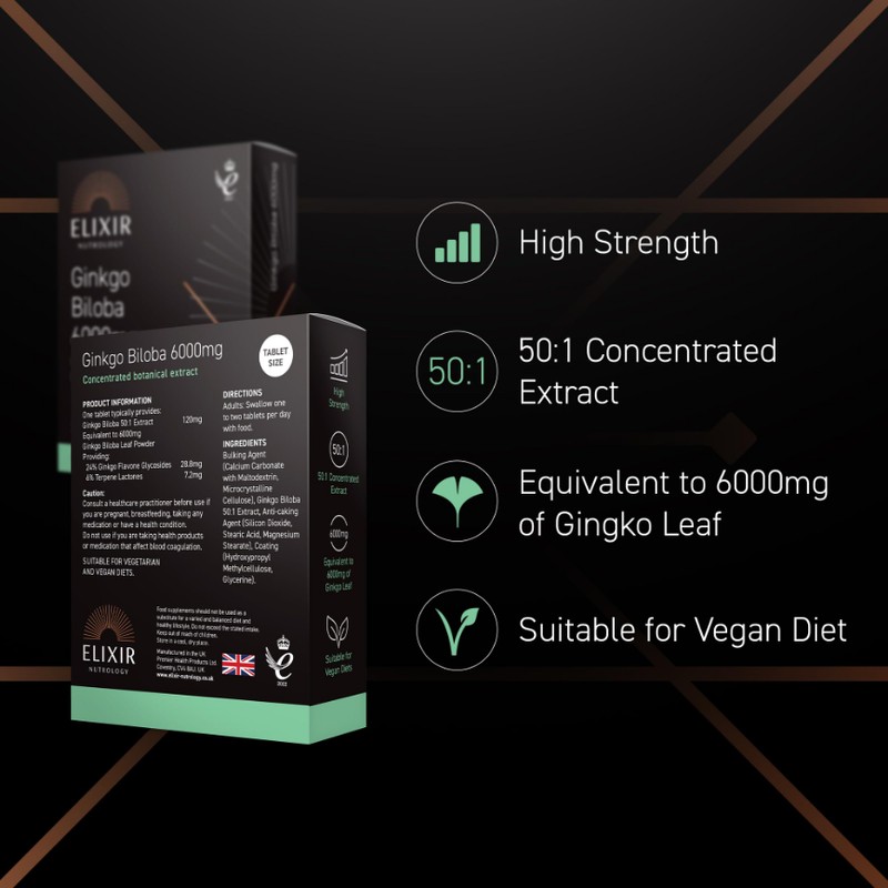 ELIXIR NUTROLOGY Ginkgo Biloba 6000mg 30 Tablets - 50:1 Extract,