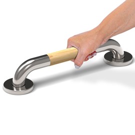 AquaChase Safety Grab Bar for Bathroom & Toilet, Natural Bamboo Handle, ADA Compliant Balance Assist Handrail for Handicap and Seniors, 12in Brushed Nickel