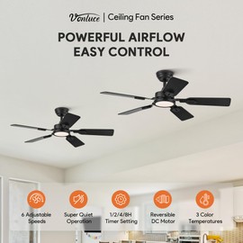 VONLUCE 2 Pack Ceiling Fans with Lights, 42 Inch Ceiling Fan and Remote with 5 Blades, 6-Speeds Noiseless Reversible DC Motor, Modern Ceiling Fan for Farmhouse Bedroom Indoor, Black