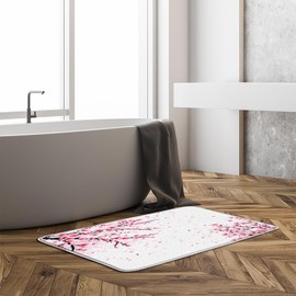 Cherry Blossom Bath Mat Pink Flower Pulm Watercolor Floral Japanese Asian Plant Nature Scenic Blush White Bathroom Kitchen Memory Foam Rug,17.8x29.5 Inch