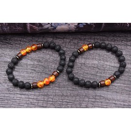 Leuchtbox Stylish Lucky Bracelet Chain for Men and Women Unisex Natural Lava Stone Volcanic Stone Natural Stone Wooden Beads Elastic Band Set of 2 Yellow, Carbon fibre, Lava Rock