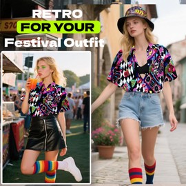 Hippie Tops Women's Hawaiian Outfit Blouse Costume Set Flower Power 80s Shirt Women 90s Vintage Shirt 70s Clothing Casual Retro Tops Carnival Fancy Dress Costume, 90S-Wow, L