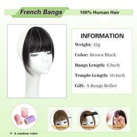 NAYOO Bangs Hair Clip in Bangs 100% Real Human Hair Extensions French Bangs Clip on Hair Bangs for Women Fringe with Temples Hairpieces Curved Bangs for Daily Wear(French Bangs, Brown Black)