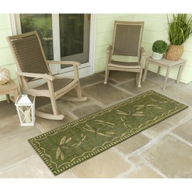 Liora Manne Carmel Indoor/Outdoor Power Loomed Synthetic Blend Low Profile Area Rug - Transitional Border Garden Nature Decorative (Dragonfly Green) (1'11" x 4'11")