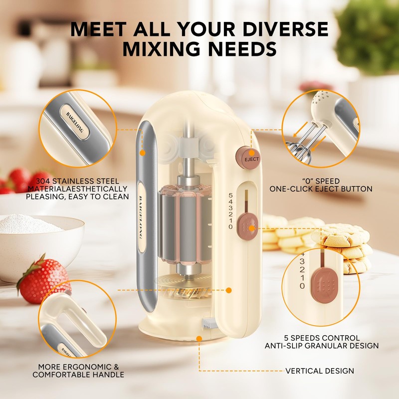 Hand Mixer Electric, 5-Speed Small Handheld Mixer, 1* Whisk, 2*