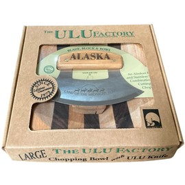 The Ulu Factory Alaska Birch Ulu Knife 6" Land of the Midnight Sun Etched Stainless Steel Blade with Block Wood Stand Chopping Bowl Set USA