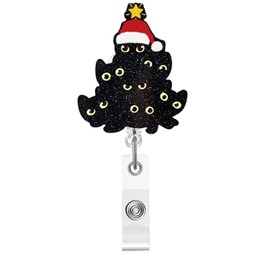 Christmas Badge Reel,Black Cat Tree with Hat Acrylic Badge for ID Card Badge,Funny Telescoping Retractable Badge Holder Alligator Clip Accessories for Nurse,Medical Worker,Nursing Student,Teacher