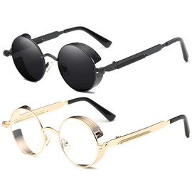 Dollger Sunglasses Unisex Vintage Steampunk Gothic Retro Metal Round Circle Frame Sunglasses 2 pairs Pack Black lens and Clear Lens