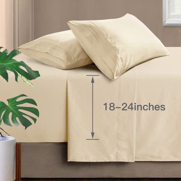 Manyshofu Extra Deep Pocket Full Size Sheets Set - Hotel Luxury 1800 Thread Count Sheets & Pillowcases - Kids Bedding Set up to 24" Mattress - Light Beige Bed Sheets 18-24 Inch Deep Pockets - 4 Piece