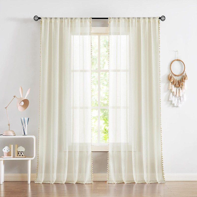 Treatmentex Sheer Curtains 95in Bedroom Decorative Pompom Trimmed Voile for