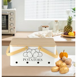 Xbopetda Potato Storage for Pantry, Metal Potato Storage Box with Bamboo Lid and Handle, Potato Bin Onion Storage with Aerating Holes, Kitchen Counter Organizer Container for Potato Onion Garlic-White
