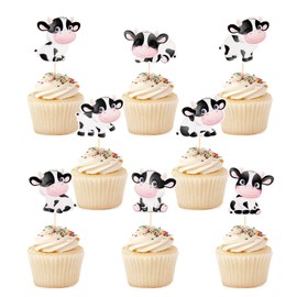 Cow Cupcake Toppers, MOO Cow Cupcake Picks for Farm Animal Theme 1st Birthday Baby Shower Party, Set of 48 (A)