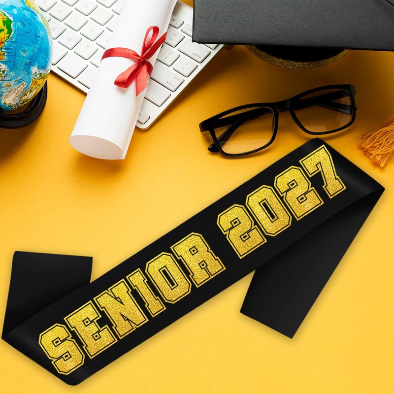 Senior 2027 Sash - Black Satin with Gold Glitter Letters