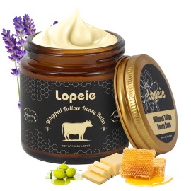 Whipped Grass-Fed Beef Tallow Honey Balm 4oz, All-Natural Moisturizing Cream with Lavender for Soft, Smooth, Hydrated Skin, Body Care & Dry Skin Relief