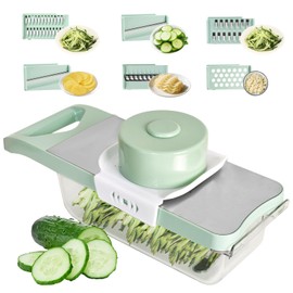 6 in 1 Adjustable Stainless Steel Mandoline Vegetable Slicer with Collecting Container, Thick/Thin Cutter, Grater for Vegetables and Cheese, Potato Slicer, Carrot Grater, Garlic Grater, with Finger