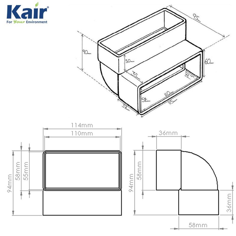 Kair 90 Degree Vertical Elbow Bend 110mm x 54mm -