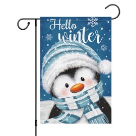 Louise Maelys Hello Winter Garden Flag Sonwy Penguin Double Sided 12x18 Inch Small Burlap Welcome Holiday Home Yard Sign Outdoor Outside House Decoration